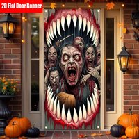 2D Halloween door decoration banner - Demon zombie with blood-teeth pattern, polyester material, wall decoration