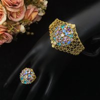 JRH Elegant Style Women's Jewelry Set Gold Plated Copper with Colorful Zircon 4Pcs Open Bracelet And Ring