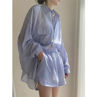 Fashionable Casual Striped Set Women's Summer New Thin Loose Sun Protection Top Shorts Two-Piece Set Stylish Loose Fit Long S...