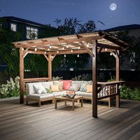 !@13' X 6.5' Modern Wooden Pergola Grill Gazebo Metal Roof LED Bulbs Bar Counters Outdoor BBQ Pavilion Patio Outdoor Furniture