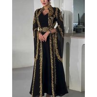 Black Moroccan Kaftan Caftan Muslim Evening Dresses A-line Long Sleeves Appliques Dubai Arabic Abaya Islamic Gown Customized
