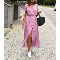Summer Women's Fatkuner Loose Dress Ladies Floral Tie Split Print Short Sleeved Long V-neck Fashionable Casual Dress