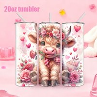 1pc 20oz straw water bottle, insulated stainless steel water cup with a cow wearing a wreath, rose, and heart pattern.