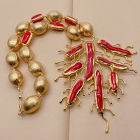 Stylish Barrel Shape Big Red Stone Pendant Necklace Gold Plated with Matte Finish Unique Gift for Her Bohemian Chic Jewelry