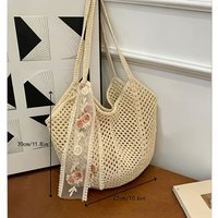 Women'S Crochet (Tote Bag + Ribbon) 2pcs Set, Large Capacity Hollow Knitted Shopping Bag Tote Bag Fixed Shoulder Strap Unlined