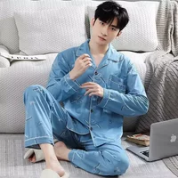 Four-Season Men's Cotton Pajama Set Long Sleeve Top and Long Pants 2 Pieces College Dorm Home Wear Men's Teen Casual Sleepwear