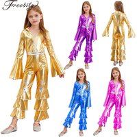 Girls Hippie Costume Cosplay Vintage 60s 70s Disco Stage Performance Dancing Jumpsuit Carnival Shiny Singer Hippies Costumes