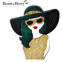 Beaut&Berry Elegant Acrylic Hat Girl Brooches for Women Unisex Figure Pins Casual Party Jewelry Accessories Gifts Decoration