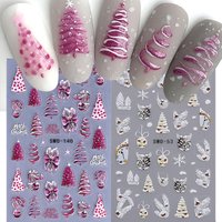 2pcs Xmas Tree Design Nail Matte Decals Bow Bell Cat Image Merry Christmas Foils Wraps Pink White Winter Stickers Manicure Decor