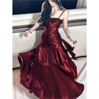 Women Elegant Spaghetti Straps Ruffles Graduation Party Dress Slim Waist Wedding Bridesmaid Dresses Festival Formal Clothes New