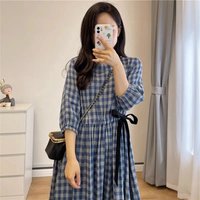 2025 Summer Pure Cotton Korean Loose Blue Plaid Waist Closing Medium Length Dress Women's Fashion Versatile