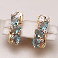 Gorgeous Gold Color Sea Blue CZ Hoops Earrings Woman Water Droplet Party Daily Wear