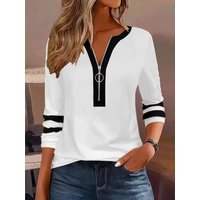 Striped Color-Block Long Sleeve T-Shirt Casual Women's Fashion Loose Female Tops Tee Autumn Winter Plus Size V-Neck Zipper Shirt