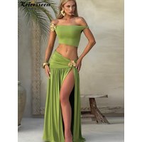 Kricesseen Sexy Ruched High Slit Long Skirt Set Women Summer Bandeau Top and Skirt 2pcs Set Evening Streetwear Green Outfits