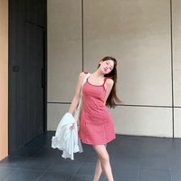 Women Sweet Tartan Mini Dress Lady Fashion Red Grid Slim Slip Mini Dress Female Playful Party Beach Dress