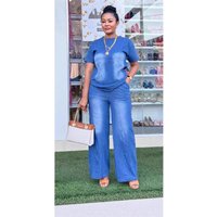 Women Pant Set Two Piece Sets Denim Round Neck Short Sleeve Tops Casual Loose Wide Leg Long Pants High Waist Y2k Streetwear
