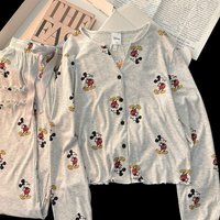 Mickey All-Over Print Light Gray Ribbed Cardigan-Style Pajama Set Detail Soft Comfy Y2K Aesthetic Fashion Relaxed Fit Loungewear