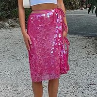 Shiny Sequin Side Lace Up Split Skirt Fashion Street Slim Wrap Hip Women Skirt Summer Sexy Hollow Solid Club Party A-line Skirt