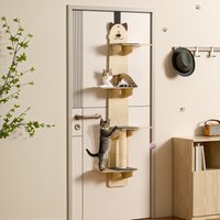Cat Door Hanger, 4-Tiers Vertical Cat Tree over The Door, Door Hanging Cat Shelves with Scratching Post, Pads, Tease Cat Ball