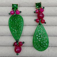 KKGEM 22x40mm Carved Green Jade 6mm-8mm Fuchsia Agate Green Rhinestone Stud Drop Earrings
