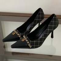 Metal Chain Flower Decoration Black High Heels Women Sexy Pointed Toe Plaid Design Stiletto Sandals Elegant Banquet Dress Shoes