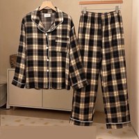 Autumn and Winter Ins Japanese Casual Sleepwear Women's Thin Style Home Comfortable Plaid Lapel Cardigan Two-Piece Set Pajamas