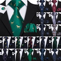 Barry.Wang Jacquard Animal Silk Mens Tie Hanky Cufflinks Set Dinosaur Chick Horse Dog Panda skull Necktie For Male Wedding Party