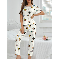 Women's 2-piece Disney Mickey and Friends Cute Cartoon Pattern Short sleeved Top and Pants Nightwear Home Clothes