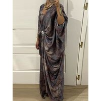 Batwing Sleeves Draped Loose Women's Dress 2026 Fashion V-neck Hem Party Long Dress Vintage Pattern Printed Spring Robe Dress