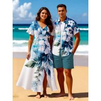 Matching Hawaii Beach Outfit For Couples, Watercolor Flowers Leaf Printed Men's Shirt, Women's Split Midi Dresses
