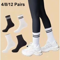 4/8/12 Pairs Versatile Women's Socks Parallel Bar Pattern Fashion Breathable Autumn High Quality Women's Mid Length Socks