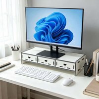 White Monitor Stand Riser with 3 Drawers, Cute Heart Cutout Design, Ergonomic Computer Riser for Desk Organization & Storage
