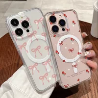 Y2k Pink Bow Flowers Case For iPhone 16 11 Pro Max 15 14 13 12 Plus Mini cover Magnetic Wireless Charge Magsafe Cute