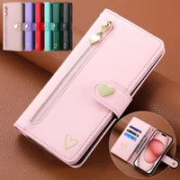Zipper Cards Solt Wallet Leather Case For iPhone 15 16 17 Pro Max 14 Plus 13 12 11 XR 7 8 SE 2022 Love Heart Book Purse Cover