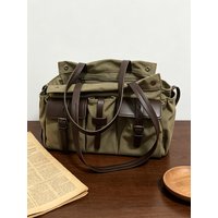 Retro Canvas Tote Bag Women's Commuter Bag Large Capacity Multi-Pocket Military Green Canvas Shoulder Bag for Daily Use