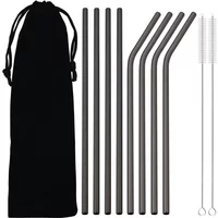 304 Stainless Steel Black Straws Reusable Metal Straw Drinking Straw for Juice Cocktail Tea with Cleaning Brush Bar Accessories