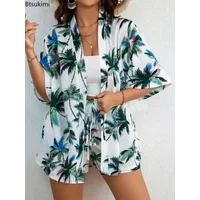2026 Vacation Style Summer Outfits Women's Loose Short Sleeve Cardigan Shirt and Shorts Two Piece Sets Ladies Print Casual Suit