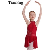 Kid Girls Ballet Lyrical Dance Leotard Dress Irregular Hem Rhinestone Figure Skating Dress Rhythmic Gymnastics Stage Performance