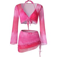 Sexy Tie Dye Mesh 4 Piece Bikini Set Flared Long Sleeve Bodycon Ruched Beach Bathing Suit Sheer Mesh Swimwear Set Summer