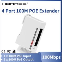 HORACO 4 Port 100M POE Extender DIN Rail Network Switch Repeater IEEE802.3af/at Plug&Play for 48V PoE Switch NVR IP Camera AP