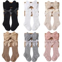 2Pcs Bows Newborn Girl Socks Headband Set Cotton Knitted Baby Knee Socks Suit Newborn Photograph Props Infant Headwear