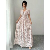 Elegant Women's Puffed Sleeve Long Dress Maxi Elastic Waist Spring Summer Concert Clot