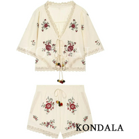 KONDALA Women Trendy Beach Floral Embroidery Shorts Set V-Neck Shirts Elastic Waist Shorts New Fashion 2026 Summer Holiday Set
