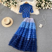 Sweet Half Turtleneck Short Sleeve Beaded Slim Crop Knitted Top and Skirt Mesh Cake Tutu Skirt Set Women Two-Piece Suit
