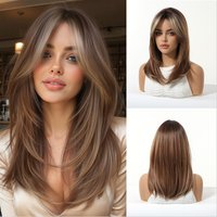 ALAN EATON Ombre Brown Layered Synthetic Wigs for Women Medium Length Straight Hair Wig High Temperature Fiber Natural Daily Use