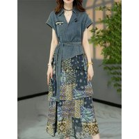 Denim Patchwork Fake Two-Piece Dress For Women in Summer 2025, Fashionable And Sylish New Style Waist Slimming A-line Skirt