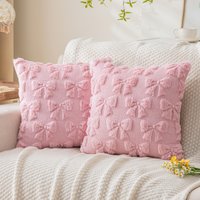 Two-Piece Set, Pink Bow Home Decor Pillowcase, Invisible Zipper, Soft Faux Fur Cushion Cover, Suede Backing, Suitable for Living Room, Bedroom, Sofa Decorative Pillowcase, Pillow Insert Not Included,