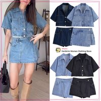 Fashion Cowgirl 2 Piece Set for Women V-neck Cropped Denim Shirt with Lapel Collar&Short Cuffed Sleeve Matching Wrap Denim Skort