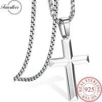 Fansilver 925 Sterling Silver Cross Necklace for Women Men Stainless Steel Chains Beveled Edge Cross Pendant Necklace Jewelry