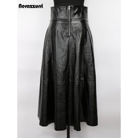 Nerazzurri Spring Autumn Long Black Shiny Patent Pu Leather Midi Skirt Women High Waist Elegant Luxury Designer A Line Clothes